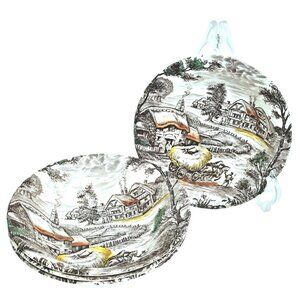 4 Yorkshire Harvest Soup Bowls 6.25" Staffordshire pottery brown transferware Ir